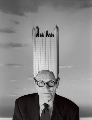 Philip Johnson wearing the PPG Building (costume designed and constructed by Joseph Hutchins, Works N. Y.), by Josef Astor, 1996 publ. July 1996.
Credit: Josef Astor