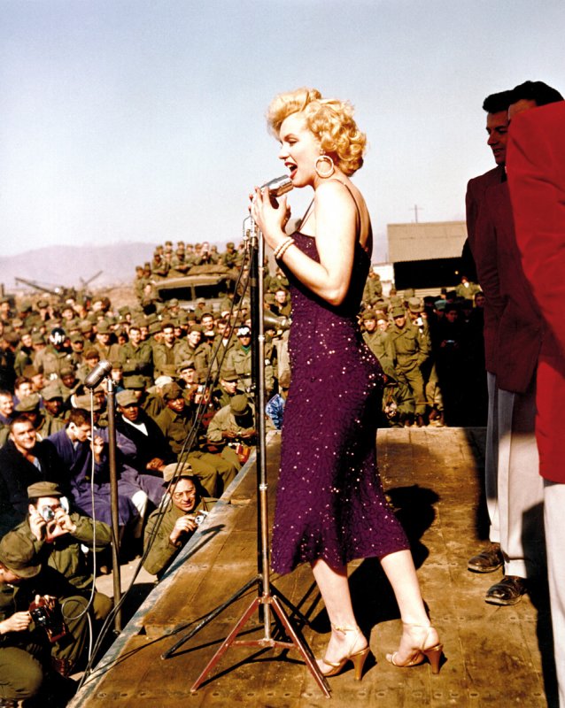 Actress Marilyn Monroe entertains the American troops during a USO tour in Korea, 1954