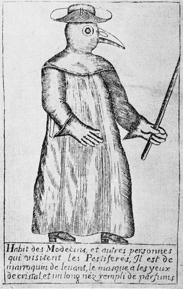 Plague doctors; Habit des Medecins, et autres personnes qui visitent les Pestiferes Il est de marroquin lenant(?), le masque a les yeux de cristal, et un long nex rempli de parfums.