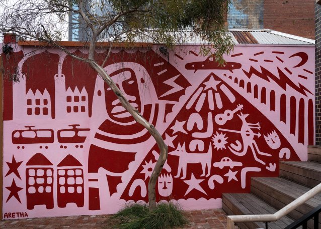 New Shakahari Wall Mural Commission 2021 by Aretha Brown, La Mama Theatre, Carlton, 2023 Mark Mohell