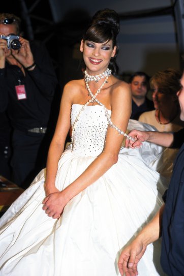 Linda Evangelista backstage modelling for the Alex Perry Spring/Summer 1997–98 show, Mercedes Australian Fashion Week, Sydney, 1997 Robert Rosen