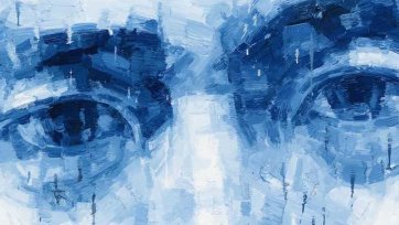 Blue painting of Charles Teo, close up view of his eyes