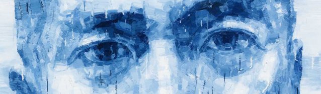 Blue painting of Charles Teo, close up view of his eyes