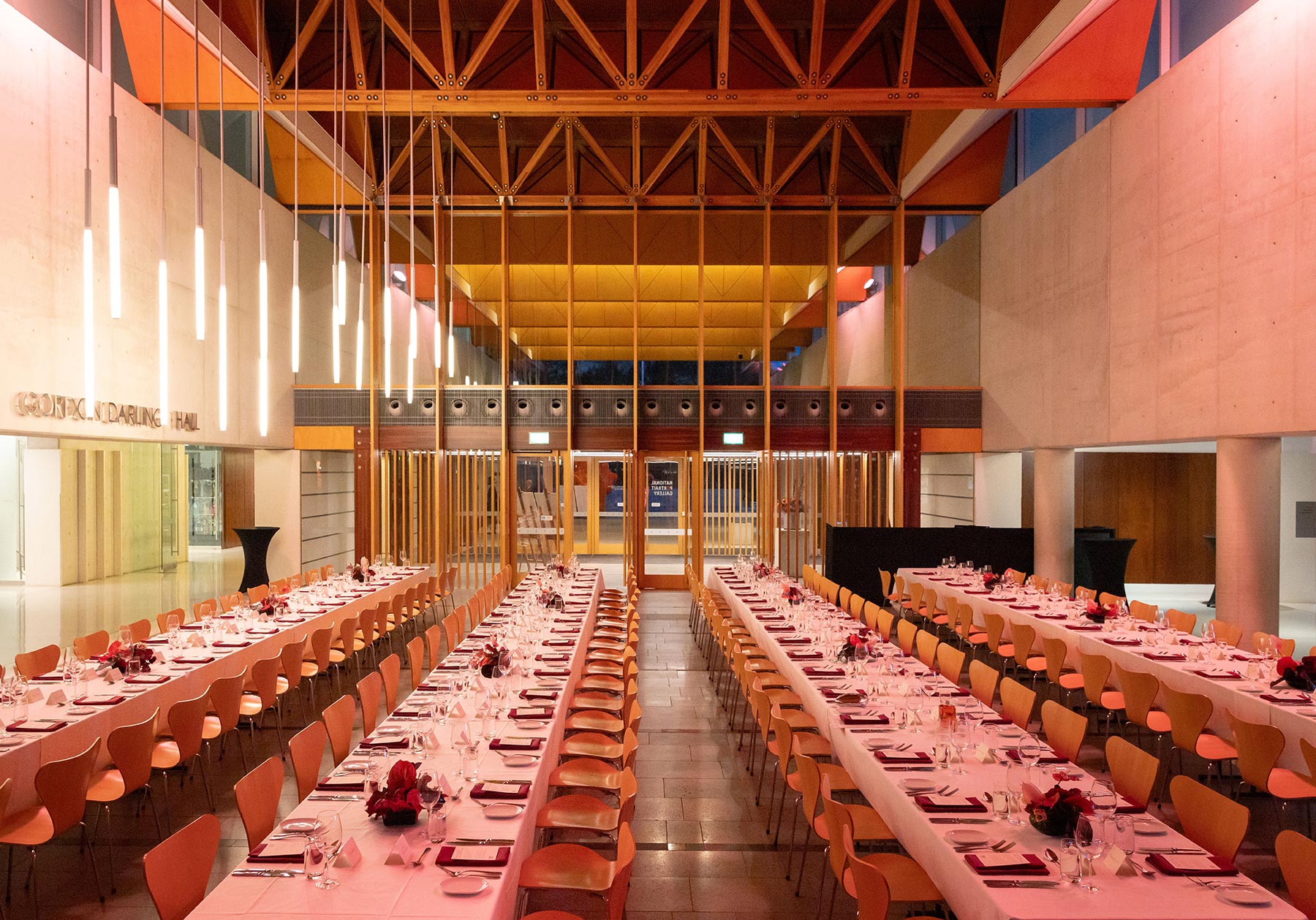 Gordon Darling Hall set up with dining tables
