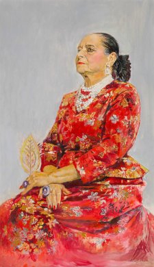 Helena Rubinstein in a red brocade Balenciaga gown