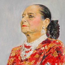 Helena Rubinstein in a red brocade Balenciaga gown