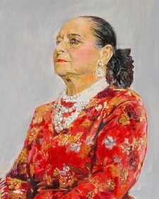 Helena Rubinstein in a red brocade Balenciaga gown