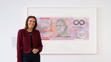 Shelley Ware with Blood money - infinite dollar note - Aunty Regina Pilawuk Wilson, 2023. Dr Ryan Presley