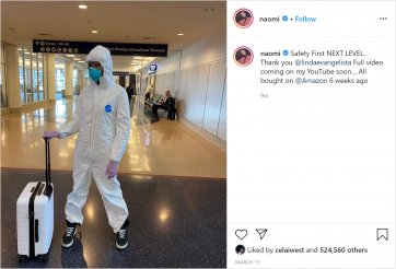 Naomi Campbell Instagram selfie dressed in hazmat clothing, March 2020
