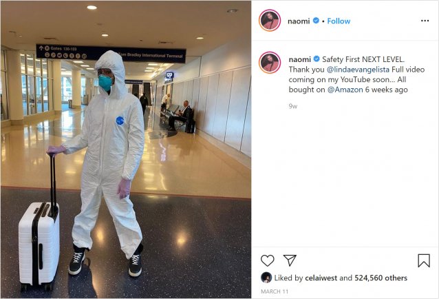 Naomi Campbell Instagram selfie dressed in hazmat clothing, March 2020