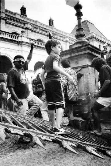 Protestors at gates of Parliament House, Brisbane