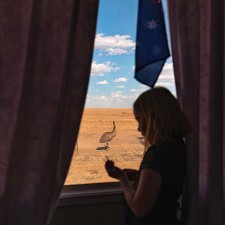 Bella in the window of her home school, 2019 Agi Davis