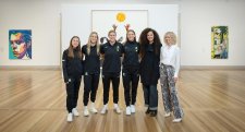CommBank Matildas Clare Wheeler, Courtney Nevin, Teagan Micah, Clare Hunt, artist Angela Tiatia and National Portrait Gallery Director Bree Pickering.
