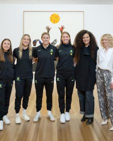 CommBank Matildas Clare Wheeler, Courtney Nevin, Teagan Micah, Clare Hunt, artist Angela Tiatia and National Portrait Gallery Director Bree Pickering.