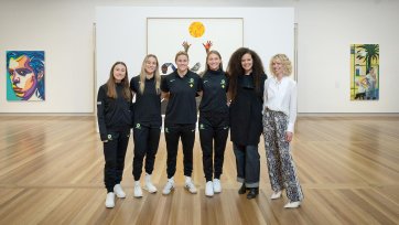 CommBank Matildas Clare Wheeler, Courtney Nevin, Teagan Micah, Clare Hunt, artist Angela Tiatia and National Portrait Gallery Director Bree Pickering.
