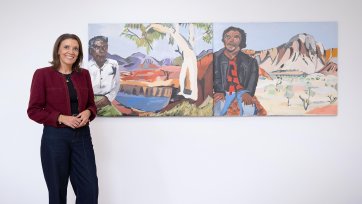 Shelley Ware with Albert and Vincent, 2024. Vincent Namatjira OAM