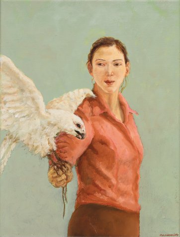 Woman holding a Goshawk, 2009 by Graeme Drendel