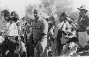 Yami Lester speaks at Uluru Handback Ceremony, 1985 (printed 2003) by Juno Gemes Yami Lester speaks at Uluru Handback Ceremony, 1985 (printed 2003) by Juno Gemes