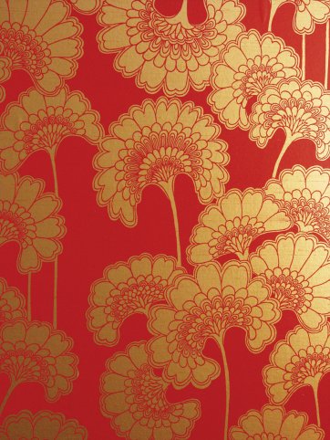 Japanese Floral in Chilli Red on Tan Silk Slub wallpaper