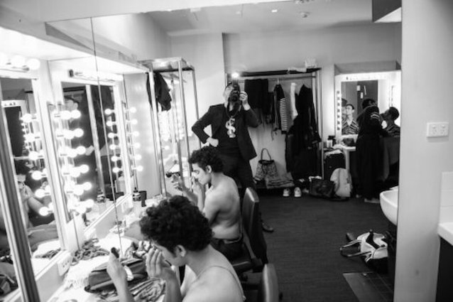 Collaboration – Sam Goraya, 
Santosh Ram and Samir Kumar Panigrahi backstage before a performance of Kundalini: The Awakening!, n.d.