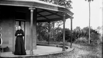 Mary Windeyer on the verandah at Tomago, NSW