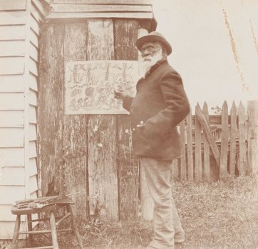 William Barak at work on the drawing ‘Ceremony’ at Coranderrk