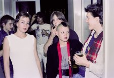 Guthugga Pipeline, Christmas Show, upstairs, The (old) Griffin Centre, Civic, 22 December 1979. Crowd, L-R : Ben Donaldson, Anne Redmond, Nick Vollis, Esa  Makela, Megan Woodrow (Mohawk), Andy Hall (scarf) 'pling