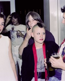 Guthugga Pipeline, Christmas Show, upstairs, The (old) Griffin Centre, Civic, 22 December 1979. Crowd, L-R : Ben Donaldson, Anne Redmond, Nick Vollis, Esa  Makela, Megan Woodrow (Mohawk), Andy Hall (scarf) 'pling