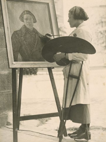 Christine Audrey Pecket painting 'Self Portrait in a Brown Coat at the Sydney Technical College'